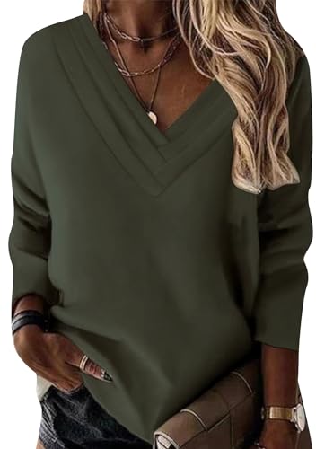 OMZIN Damen Solide Farbe Lässige Lange Ärmel Tops Plus Größe V Ausschnitt Herbst Winter Pullover Lose Stilvolle Sweatshirt Armee Grün XL von OMZIN