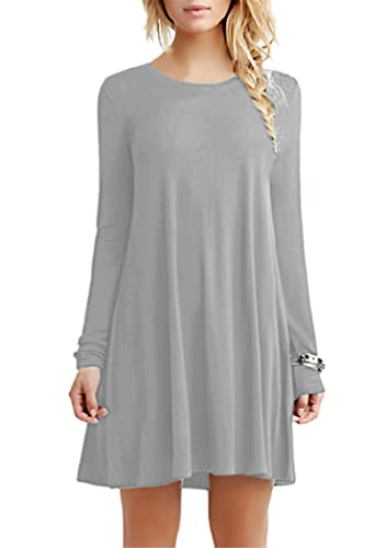 OMZIN Damen Solide Loose Fit Swing T-Shirt Sommerkleid Lose Tops Hellgrau L von OMZIN