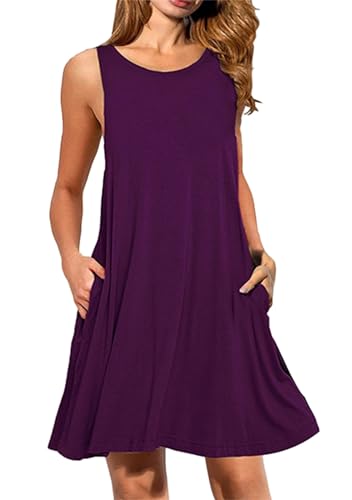 OMZIN Damen Somme Kleid Ärmellos Strandkleid Tank Shirt Kleid Casual Swing Leger Kleid Violett M von OMZIN