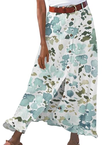 OMZIN Damen Sommer A-Linie Schlitz Ausgestellte Röcke Knopf Vorne Hohe Taille Röcke Baumwolle Leinen Lange Röcke Graffiti Mint Grün M von OMZIN
