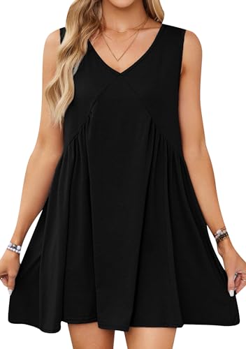 OMZIN Damen Sommer Ärmelloses Minikleid V Ausschnitt Rüsche Lässig Locker Flowy Strand Sonnenkleid BLK XL von OMZIN