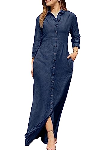 OMZIN Damen Sommer Bluse Kleid Plus Size Lose Einfarbige Langarm Baumwolle Leinen Revers Kleid Floral Dunkelblau 3XL von OMZIN