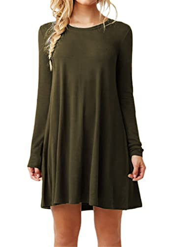 OMZIN Damen Sommer Fit Flare Casual Kleid Langarm Swing Strand Shirt Kleid Army Green 3XL von OMZIN