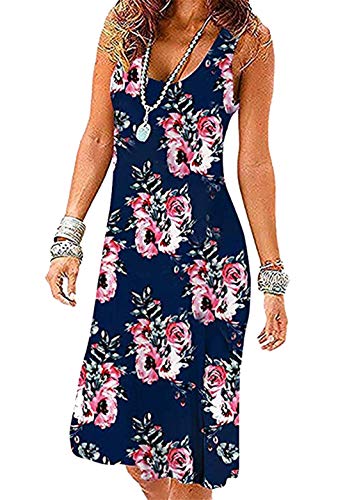 OMZIN Damen Sommer Kleid Baumwolle Basic Casual Kleid Rundhals Faltenrock Kleid Dunkelblaue Pfingstrose S von OMZIN