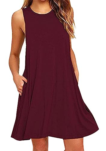 OMZIN Damen Sommer Sonnenkleid für Strand Kurzes Kleid mit Taschen Knielanges Minikleid Sonnenkleid Loose Fit Sonnenkleid Vintage Weinrot L von OMZIN