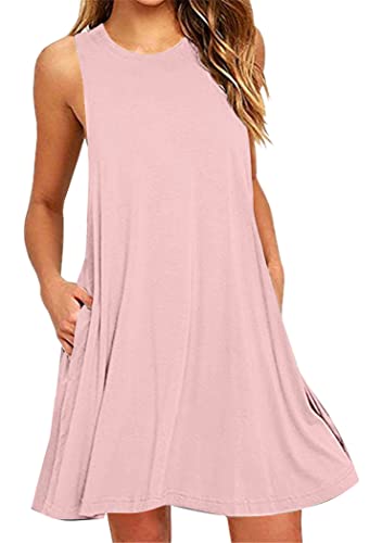OMZIN Damen Sommer Kleid Große Größe Loose Shirtkleid Vestkleid Basic Trägershirt mit Taschen Rosa XXL von OMZIN
