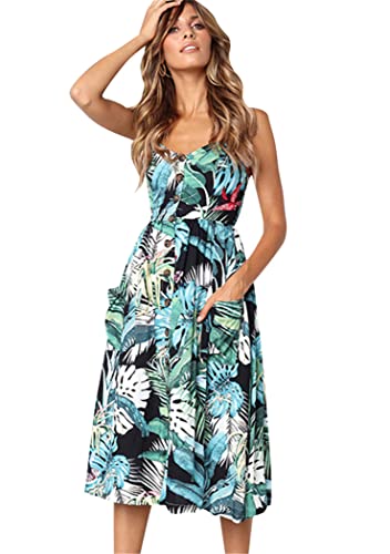 OMZIN Damen Sommer Kleid Kurz Blumen Swing Mini Strandkleider V-Ausschnitt Ärmellos Beiläufig 0822 Türkis 3XL von OMZIN