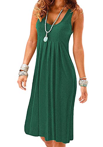 OMZIN Damen Tunika Kleid Plus Size Casual Rundhalsausschnitt Midi Ärmellos Plissee Kleider Grün S von OMZIN