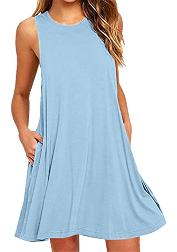 OMZIN Damen Sommer Kleid T-Shirtkleid Ärmellos Vest Kleid mit Taschen Rund Ausschnitt Tägershirt Himmelblau L von OMZIN