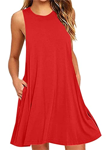 OMZIN Damen Sommer Kleid T-Shirtkleid Ohne Arm Vest Kleid mit Taschen Rund Ausschnitt Tägershirt Rot L von OMZIN
