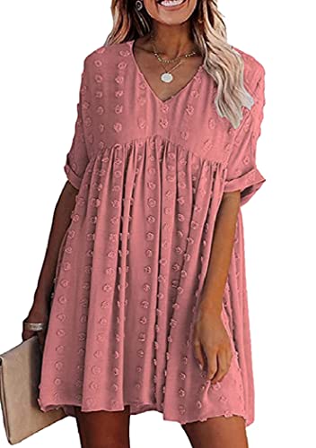 OMZIN Damen Sommer Minikleid Lässig Kurzarm V-Ausschnitt Swiss Dot Kleid Flowy A Line Babydoll Kurze Kleider Rosa M von OMZIN