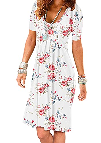 OMZIN Damen Kurzarm Plissee Kleid mit Taschen Lässig Knielang Midi Kleid Floral Frühlingskleid Weiß Rose L von OMZIN