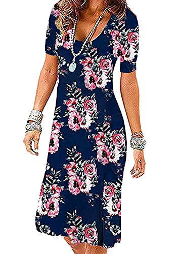 OMZIN Damen Casual Kurzarm Blumendruck Casual Mini Tunika Kleid Sommer Lose Strand Kleid Midi Flowy Kleid Dunkelblau Pfingstrose M von OMZIN