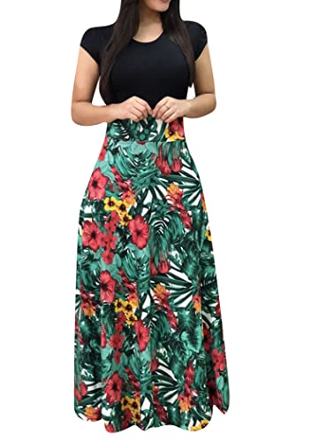 OMZIN Damen Sommer Kurze Ärmel Lose Maxi O Hals Patchwork Kleid Lässig Langes Kleid Palmenblätter L von OMZIN