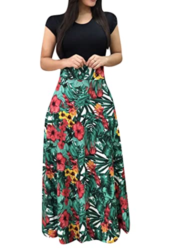 OMZIN Damen Sommer Kurze Ärmel Lose Maxi O Hals Patchwork Kleid Lässig Langes Kleid Palmenblätter L OMZIN Damen Sommer Kurze Ärmel Lose Maxi O Hals Patchwork Kleid Lässig Langes Kleid Palmenblätter L von OMZIN