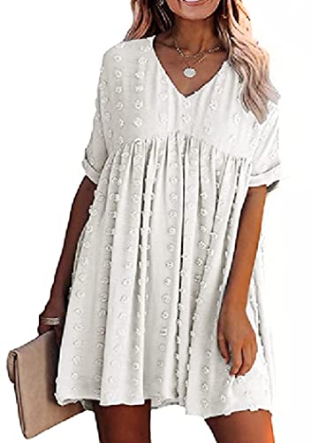 OMZIN Sommer Damen Kurzarm Mini Kleid Ruffle Neck Flowy Kleider Swiss Dot Chiffon Casual Kleid Weiß XL von OMZIN