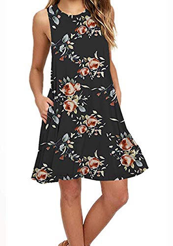 OMZIN Damen Freizeitkleid Lockeres Sommerkleid Ärmelloses Langes Shirt Mit Taschen Sommerkleid Schwarz Rose XL von OMZIN