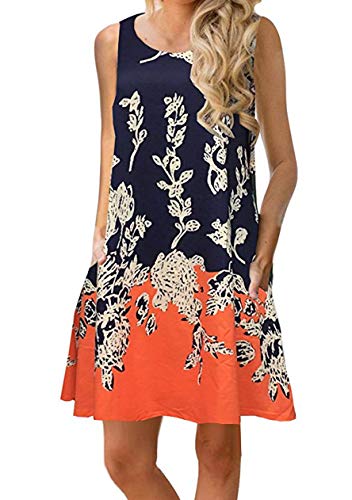 OMZIN Damen Tank Swing Minikleid Mit Tasche Rundhalsausschnitt Ärmelloses Kleid Tunika Ärmelloses Loser Tank Floral Blau Orange L von OMZIN