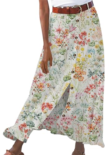 OMZIN Damen Sommer Maxi Knopf Unten Schlitz Leinen Röcke A-Linie Schlitz Röcke Ausgestellt Hohe Taille Röcke Bunte Blumen L von OMZIN