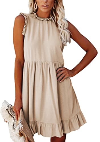 OMZIN Damen Sommer Minikleid Ärmellos Rüschen Ärmel Rundhals Einfarbig Lockere Passform Kurz Fließend Plissee Kleid Beige L von OMZIN