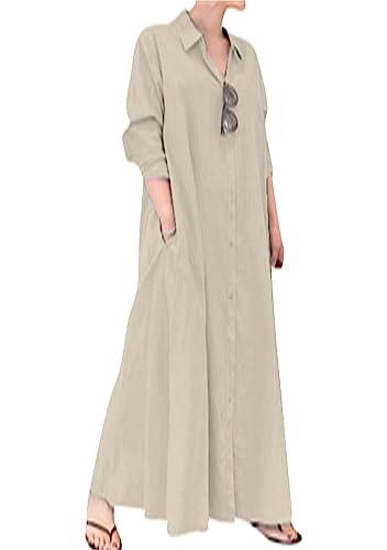 OMZIN Damen Sommer Roll up Ärmel Side Split Oversize Kleid Button down Baumwolle Leinen Einfarbig Kleid Aprikose 4XL von OMZIN