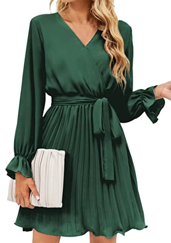 OMZIN Damen Sommer Ruffle Langarm Kleid Plissee Kleid Plain Sexy V-Ausschnitt Lose Kleid Grün L von OMZIN