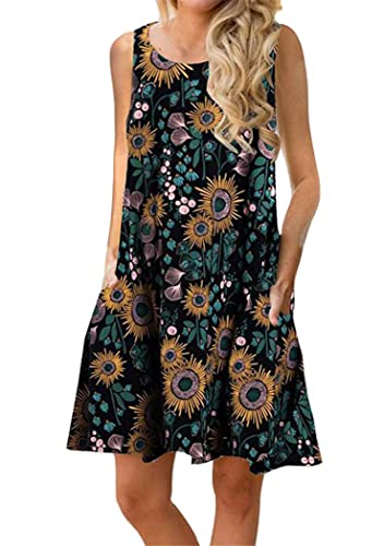 OMZIN Damen Sommer Rund Ausschnitt T-Shirtkleid Ohne Arm Vest Kleid Taschen Tägershirt Blumen Schwarz/Gelb L von OMZIN