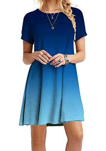 OMZIN Damen Sommer Sexy Rundhals Falten Kurzarm Strandkleid Locker Beach Knielang Kleider Sommer Einfarbig Blusenkleider Partykleid Cocktailkleid Blau XS von OMZIN