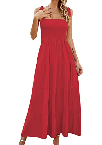 OMZIN Damen Sommer Spaghetti Strap Ärmelloses Gerafftes Langes Kleid Smocked Quadratischer Ausschnitt Gestuftes Kleid Rot Einfarbig S OMZIN Damen Sommer Spaghetti Strap Ärmelloses Gerafftes Langes Kleid Smocked Quadratischer Ausschnitt Gestuftes Kleid Rot Einfarbig S von OMZIN