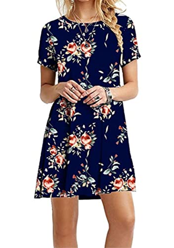 OMZIN Damen Sommer Strandkleid Kurzarm Sommerkleid Casual Loose Shirtkleid Casual Lokeres Shirt Lang A-Line Flowy Blau Rosenblüten M von OMZIN