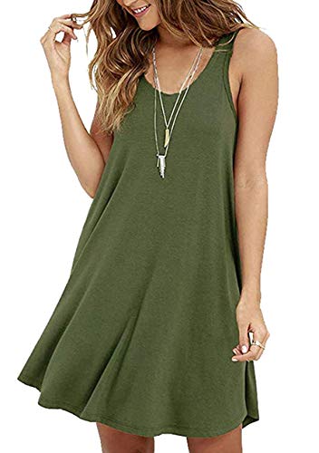 OMZIN Damen Sommer Strandkleid Vintage Basic Strandkleid Swing Baumwolle Shirtkleid Armeegrün L von OMZIN