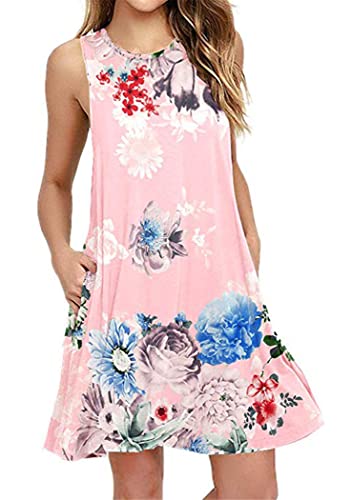 OMZIN Damen Sundress Herbst Lose Swing Flowy Basic Pocket Kleid Ärmellos Lose Tank Casual Swing Pink Flower XXL von OMZIN