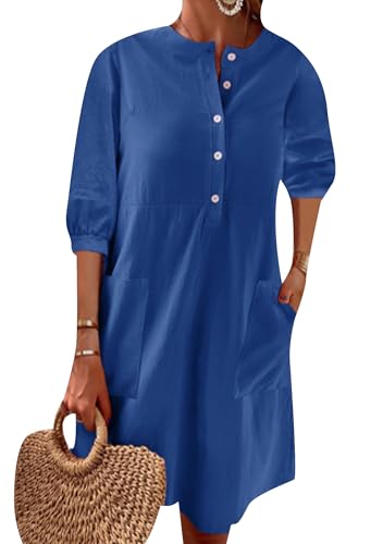 OMZIN Damen Sommer Tunika Kleid Leinen Button Down 3/4 Ärmel Lose Freizeit Mini Kleider Mit Taschen Sapphire M von OMZIN