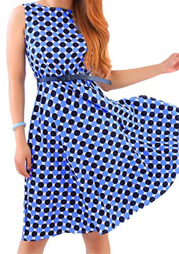 OMZIN Damen Sommerkleid Knielang Blumenkleid A-Linie Swingkleid Partykleid Ärmellos Swing Cocktailkleid Blau M von OMZIN