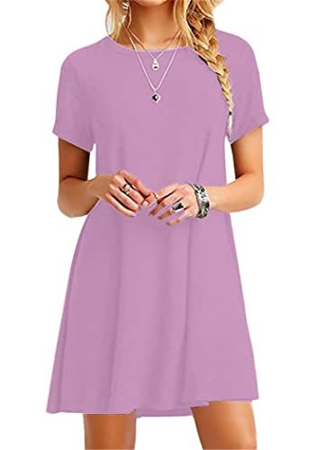 OMZIN Damen Sommerkleid Lockeres Shirtkleid Basic Longshirt Rund Ausschnitt T-Shirtkleid Hell Violett S von OMZIN