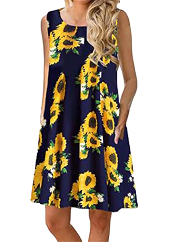 OMZIN Damen Sommerkleid Lose Kleid Rundkragen Strandkleid Kleider MiniKleid Shirt Kleid Vestkleid Elegant mit Tasche Dunkelblaue Sonnenblume XXL von OMZIN