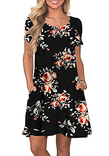 OMZIN Damen Sommermode Rundhals Bequem Tunika Kleid Lässiges Bedruckt Kleider Schwarze Rose XL von OMZIN