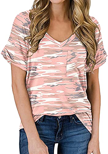 OMZIN Damen Sommershirt Party mit Tasche Bluse Oberteile Kurzarm Shirt Rosa Tarnung XXL von OMZIN