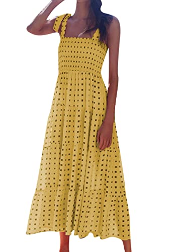 OMZIN Damen Spaghettiträger Ärmelloses Langes Kleid Mit Quadratischem Halsausschnitt Gerafftes Smocked Tie Strap Swing Sundress Quadratisch Gelb XL von OMZIN