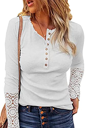 OMZIN Damen Spitze Rundhals Blusen Langarm Button Down Blusen Freizeithemden Tops Weiß M von OMZIN