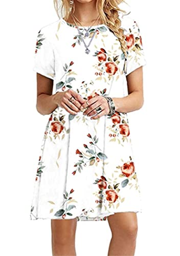 OMZIN Damen Spitzen Kurzarm A-Line Flowy Tunika Tops Rund Ausschnitt T-Shirtkleid Loose T-Shirt Weiße Rose L von OMZIN