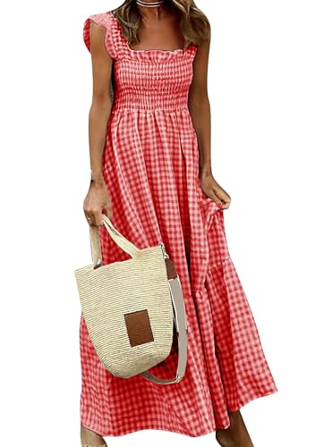 OMZIN Damen Square Neckline Ruffle Sommer Tank Kleid Plaid Ärmellos Smocked Maxi Kleid Rot XS von OMZIN