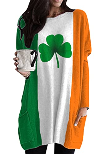 OMZIN Damen St. Patrick's Day Langer Pullover Kleeblatt Kleeblatt Druck Rundhals Langarm Sweatshirts Orange 3XL von OMZIN