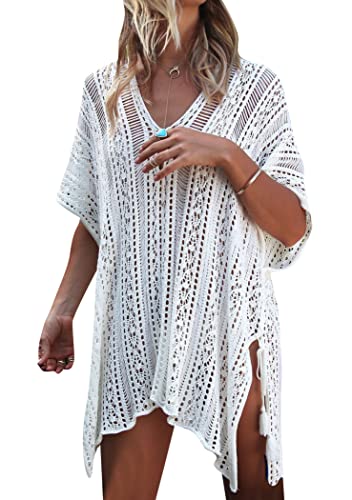 OMZIN Damen Strand Cover Ups Kleid Fransen Ausschnitt Kurzarm Strand Bikini Bluse Cover Up Weiß von OMZIN