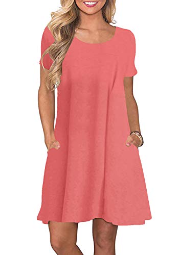 OMZIN Damen Strand Kleid Runhals Lockeres Kleider Lose A-Linie Casual Kleid Koralle XL von OMZIN