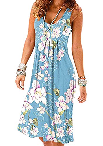 OMZIN Damen Midikleid ärmellos Knielang Baumwolle Strandkleid Basic Lässig Kleid Blau Lily 2XL von OMZIN