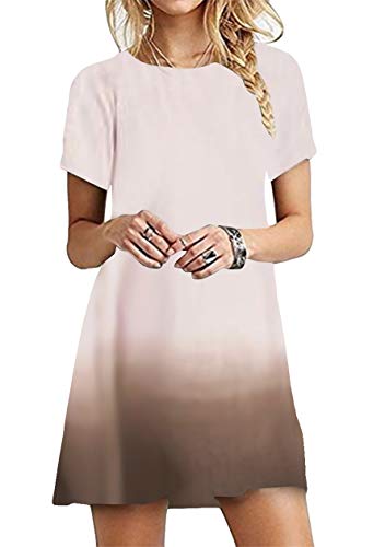 OMZIN Damen Strandkleid Rundhals Basic Kleid Weich Shirtkleid Kleider mit Farbeverlauf Partykleid A-Linie Minikleid aus Baumwolle Beige XXL von OMZIN