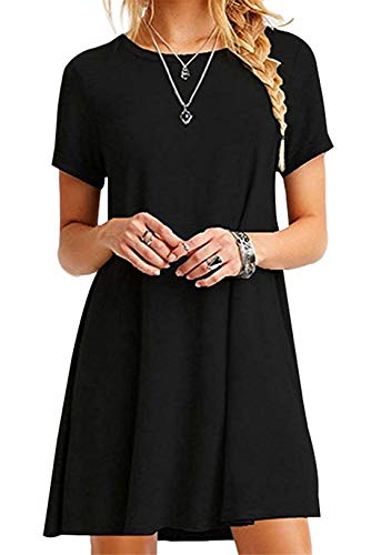 OMZIN Damen Casual T-Shirt Kleid Lose Mini Kleid Kurzarm Plaind Sommerkleid Tunika Schwarz XXL von OMZIN