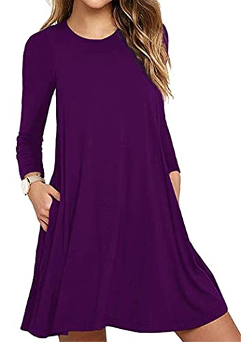 OMZIN Damen Strandkleid Tunika Lässiges Kleider A-Linie Rundhals Strandmode Winter Kleid Langarm für Damen mit Tasche Violett XL von OMZIN