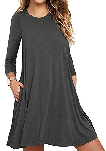 OMZIN Damen Strandkleider Langes Shirt Midikleid Strandkleider Locker Einfarbig Casual Kleid Tunika Kleid Dunkelgrau XL von OMZIN